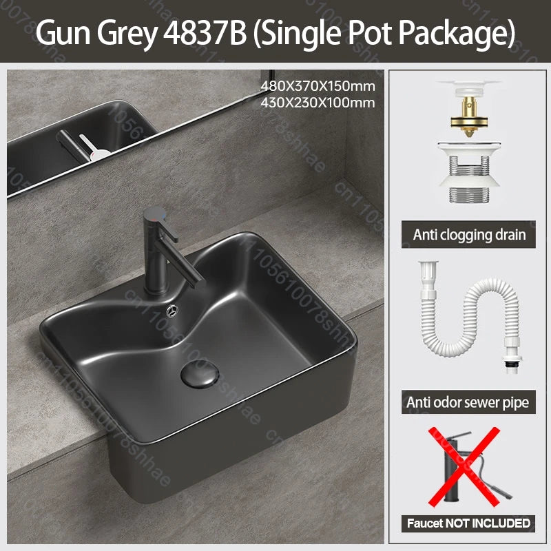 Porcelain Ceramic Vessel Sink with Drain Semi Recessed Vanity Art Sink Wash Basin Bowl for Modern Home Bathroom Decor Washbasin