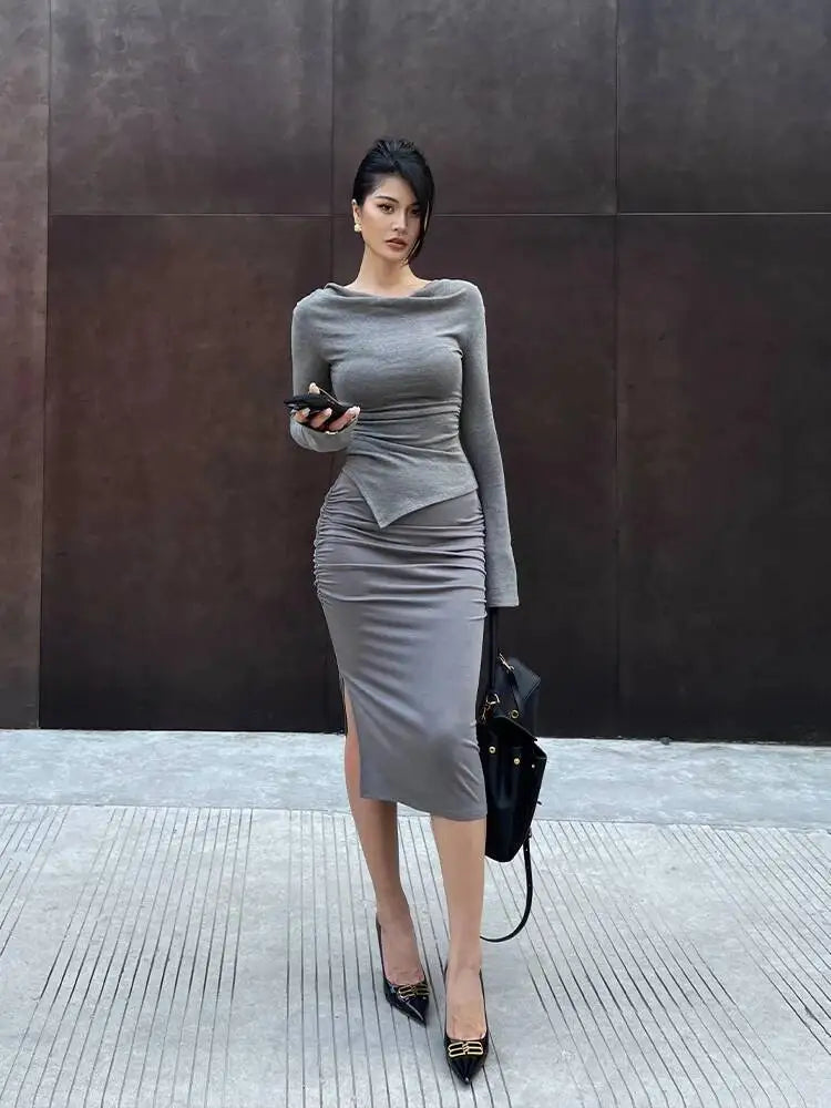 New Spicy Girl One Shoulder Trumpet Long Sleeve T-shirt Female Autumn Slim Sweet Fashion Korean Women Tees Sweet 2025 New 91NV.