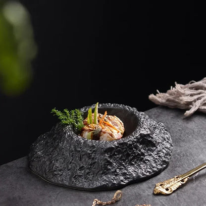 Volcano-shaped Black Deep Plate Creative Irregular Ceramic Tableware in Restaurant French Special-shaped Soup Plate Swing Plate.