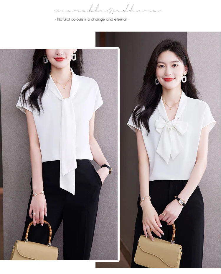 Bow Tie Blouse Shirt for Women OL Elegant Blouses Satin Womens Tops Silk Female Clothing 2023 Korean Fashion Short Sleeve Blouse.