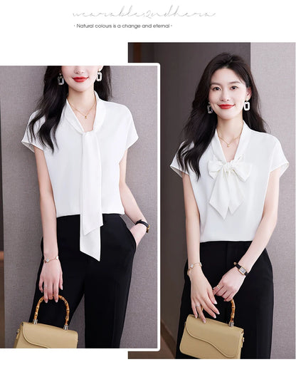 Bow Tie Blouse Shirt for Women OL Elegant Blouses Satin Womens Tops Silk Female Clothing 2023 Korean Fashion Short Sleeve Blouse.