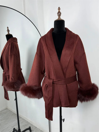 Tossy Fuchspelz-Wollmantel für Damen, kurzer Mantel, Bürodame, eleganter doppelseitiger Wollmantel, 2025, neue Strickjacke, Jacken, lockere Wolle