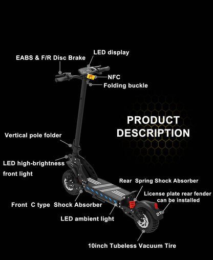 DriveTron DT10 Foldable Adult Electric Scooter, E-Scooter, 50km/h Electric Kick Scooter, 1000W Skateboards, 48V 15.6Ah Kickboard.