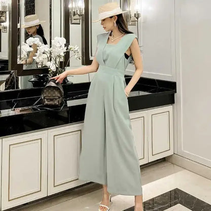 Slimming High Waist Wide Leg Pants Korean Style Fashionable Women's One-Piece Jumpsuit Summer New Arrival Simple Elegant.