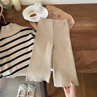 Girls' Autumn/Winter High Collar Sweater Set 2025 New Style Female Baby's Stylish Knitted Sweater Wide Leg Pants Two Piece Set.