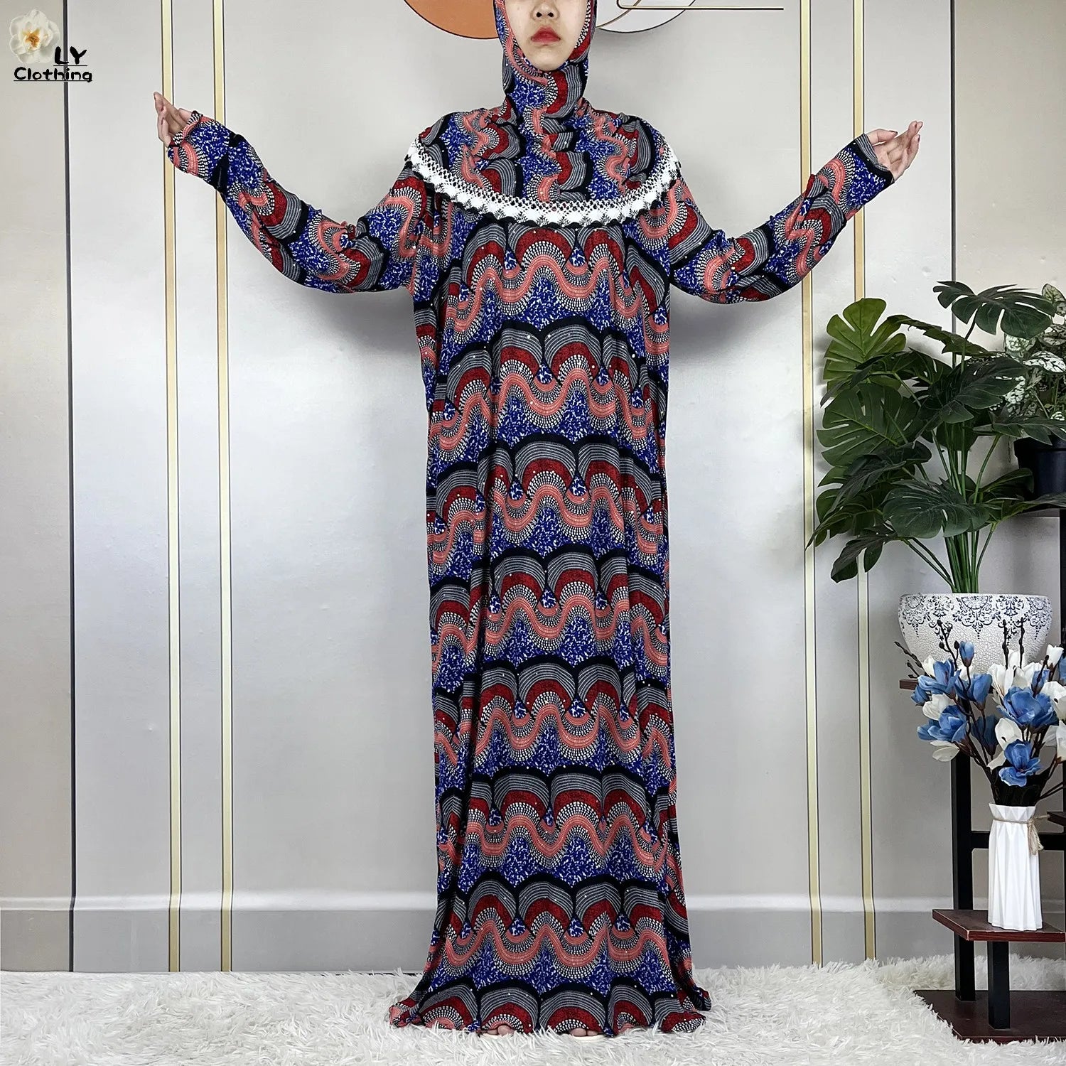 Muslim Ramadan Prayer For Women Long Sleeved Floral 2023Dubai Turkey Middle East Femme Loose Robe African Abayas Headscarf Dress.