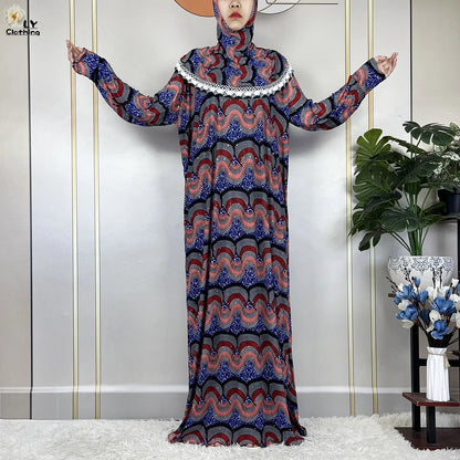 Muslim Ramadan Prayer For Women Long Sleeved Floral 2023Dubai Turkey Middle East Femme Loose Robe African Abayas Headscarf Dress.