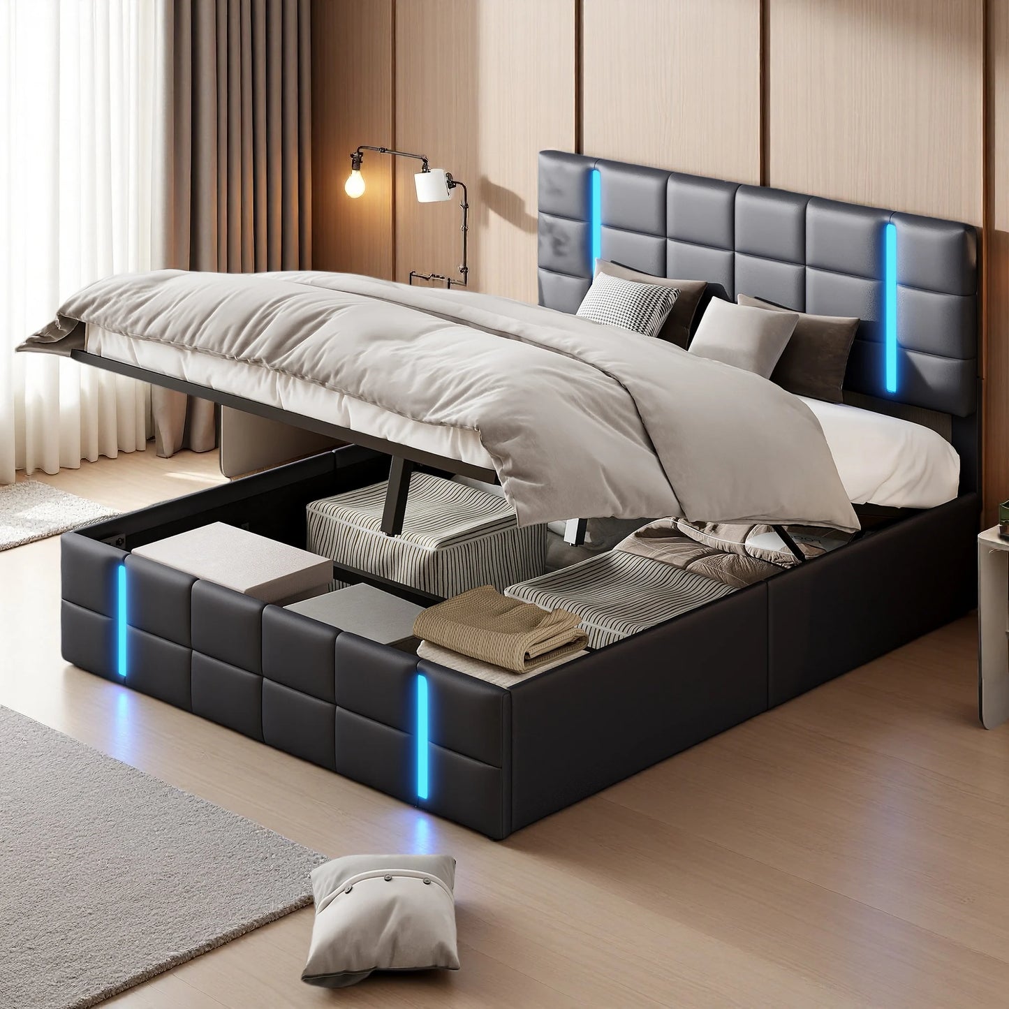 Rosahqnda Polsterbett, Doppelbett 140*200cm/160*200cm, Luftdruckbett mit Stauraum, Erwachsenenbett, Jugendbett, Gästebett, PU