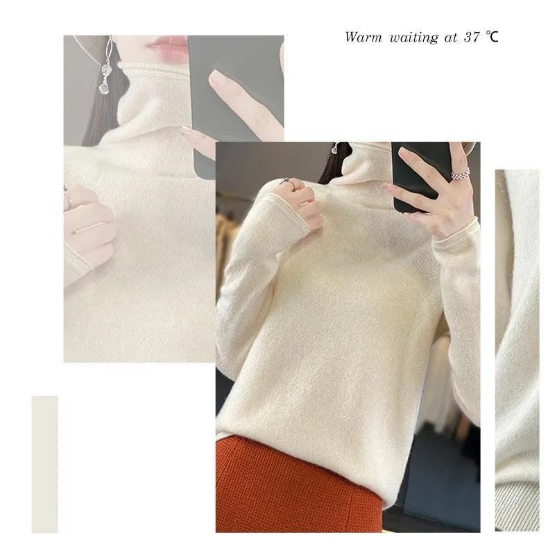 2025 100% Merino Wool Sweater Elegant Cashmere Pullover Women Pile Collar Long Sleeve Knitwear Basic Clothing  Jumper Tops.