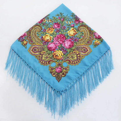Women Luxury Floral Printed Russian Scarf Ukrainian Fringed Square Scarves Babushka Handkerchief Head Wraps Travel Shawl.