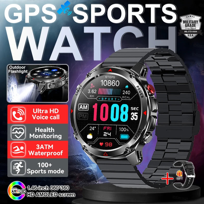 2025 New Outdoors Sports Military GPS Smart Watch 3ATM Waterproof Built-in Dual-Band GPS Compass Altimeter Swimming Smartwatches