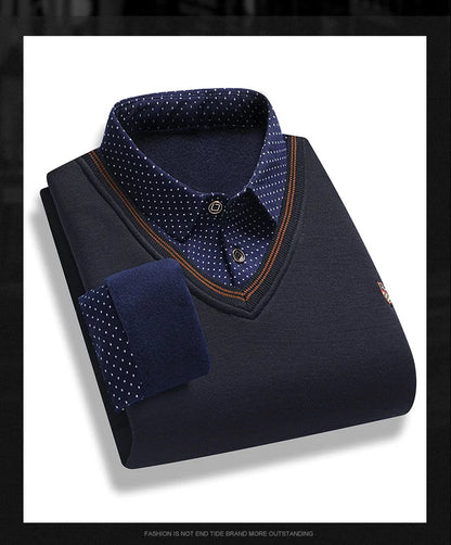 Men's Fleece Lining Sweater Autumn Winter Pullover Polo Shirt Collar Fake Two Piece Thick Warm Top Clothes Casual Knitwear.