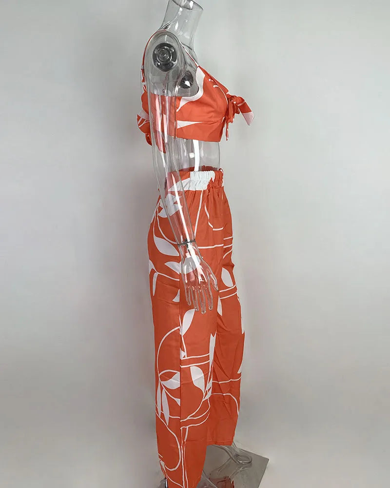 Elegant Two Piece Outfits For Women 2025 Sexy V-Neck Strap Backless Lace-up Slim Crop Top & Wide Leg Pants Sets Summer Lady Suit.