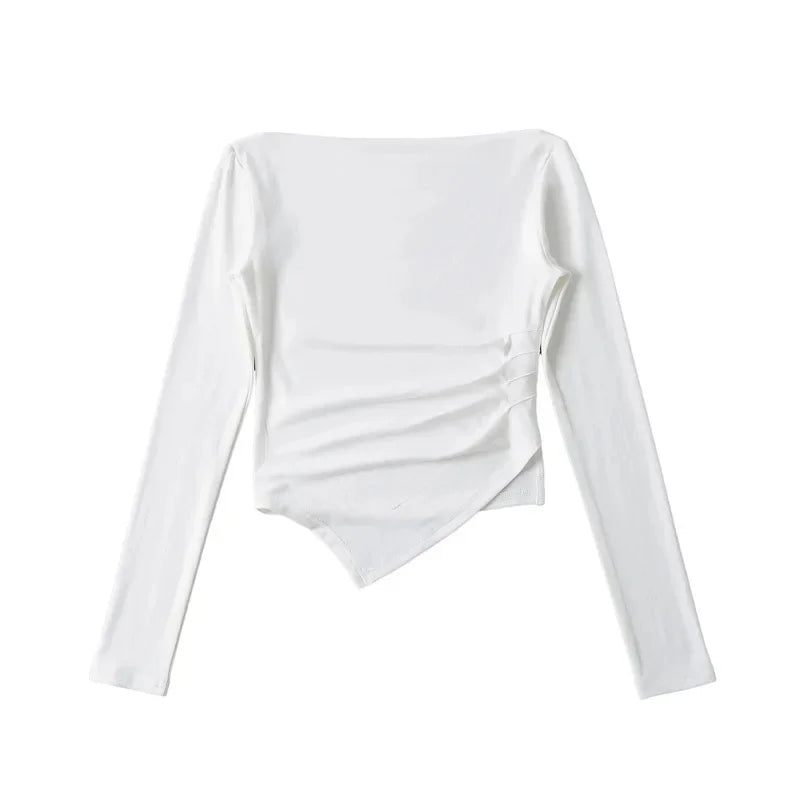 Slim Fit Long Sleeve T-Shirt Women's Shoulder Bared One-Shoulder Design Crease Asymmetrical Pure Desirable Spicy Girl Style
