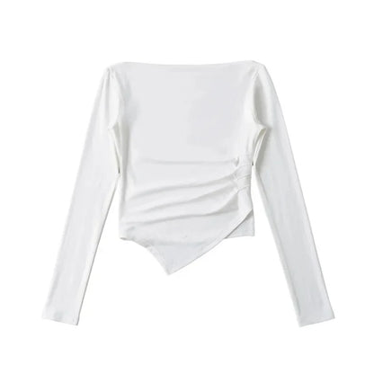 Slim Fit Long Sleeve T-Shirt Women's Shoulder Bared One-Shoulder Design Crease Asymmetrical Pure Desirable Spicy Girl Style