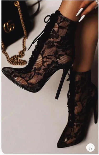 2025 New Black Mature Mesh Women Boots High Heel Pumps Floral Lace-Up Thin High Heels Ankle Pointed Toed Party Wedding Shoes.
