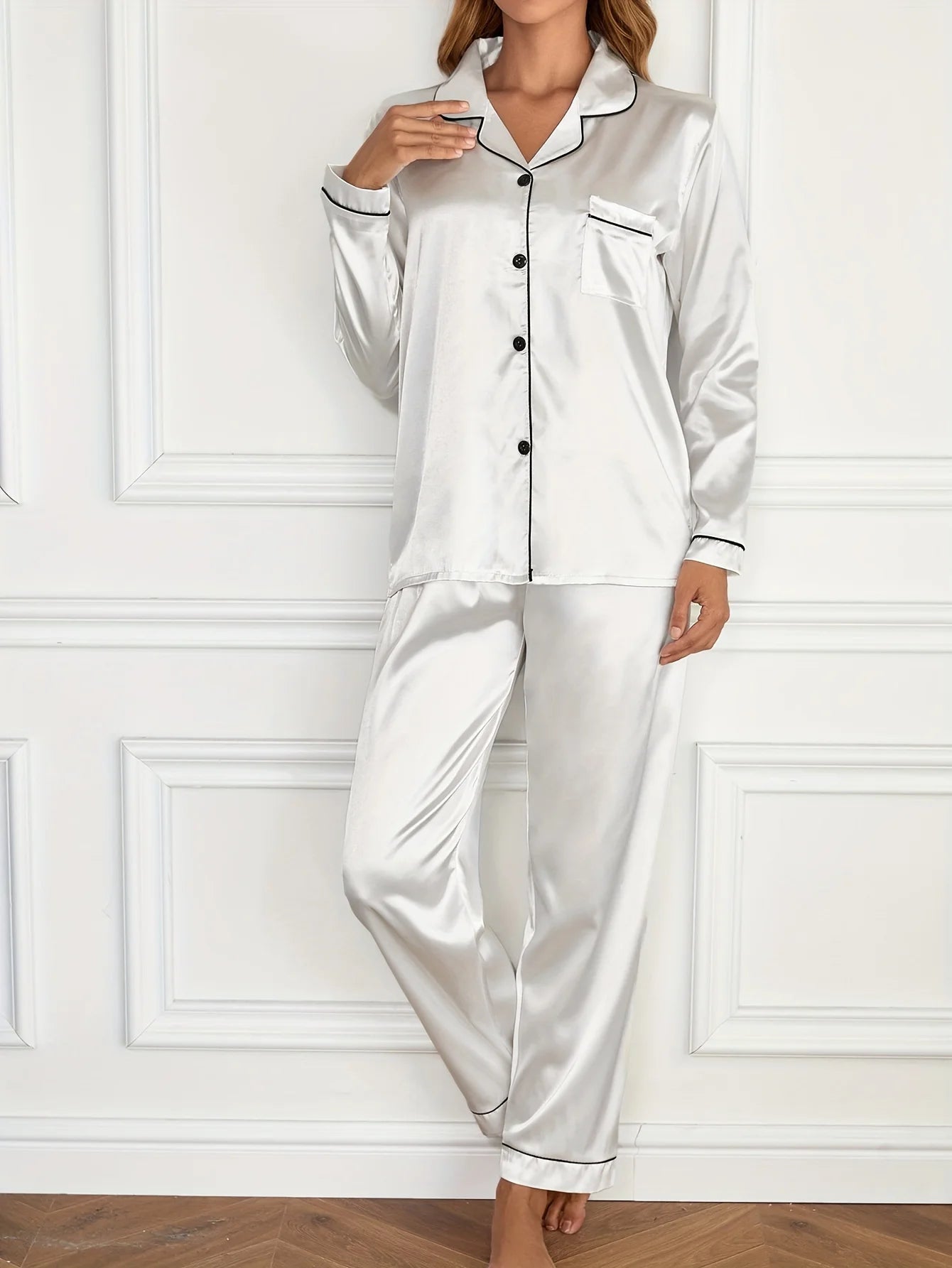Solides Pyjama-Set mit langen Ärmeln, Knopfleiste, Revers, Oberteil und Hose, Pyjama-Set, Damen-Nachtwäsche und Loungewear
