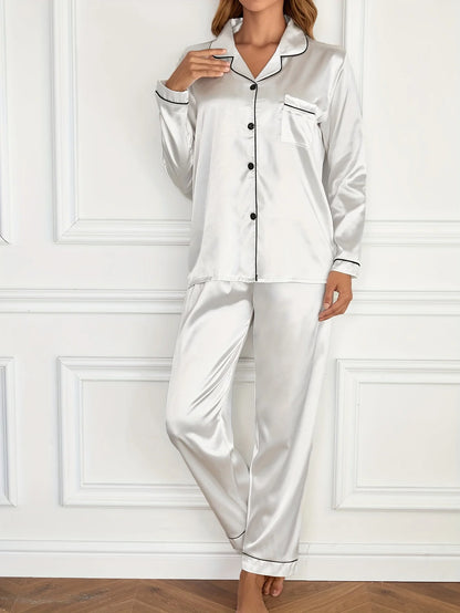 Solides Pyjama-Set mit langen Ärmeln, Knopfleiste, Revers, Oberteil und Hose, Pyjama-Set, Damen-Nachtwäsche und Loungewear
