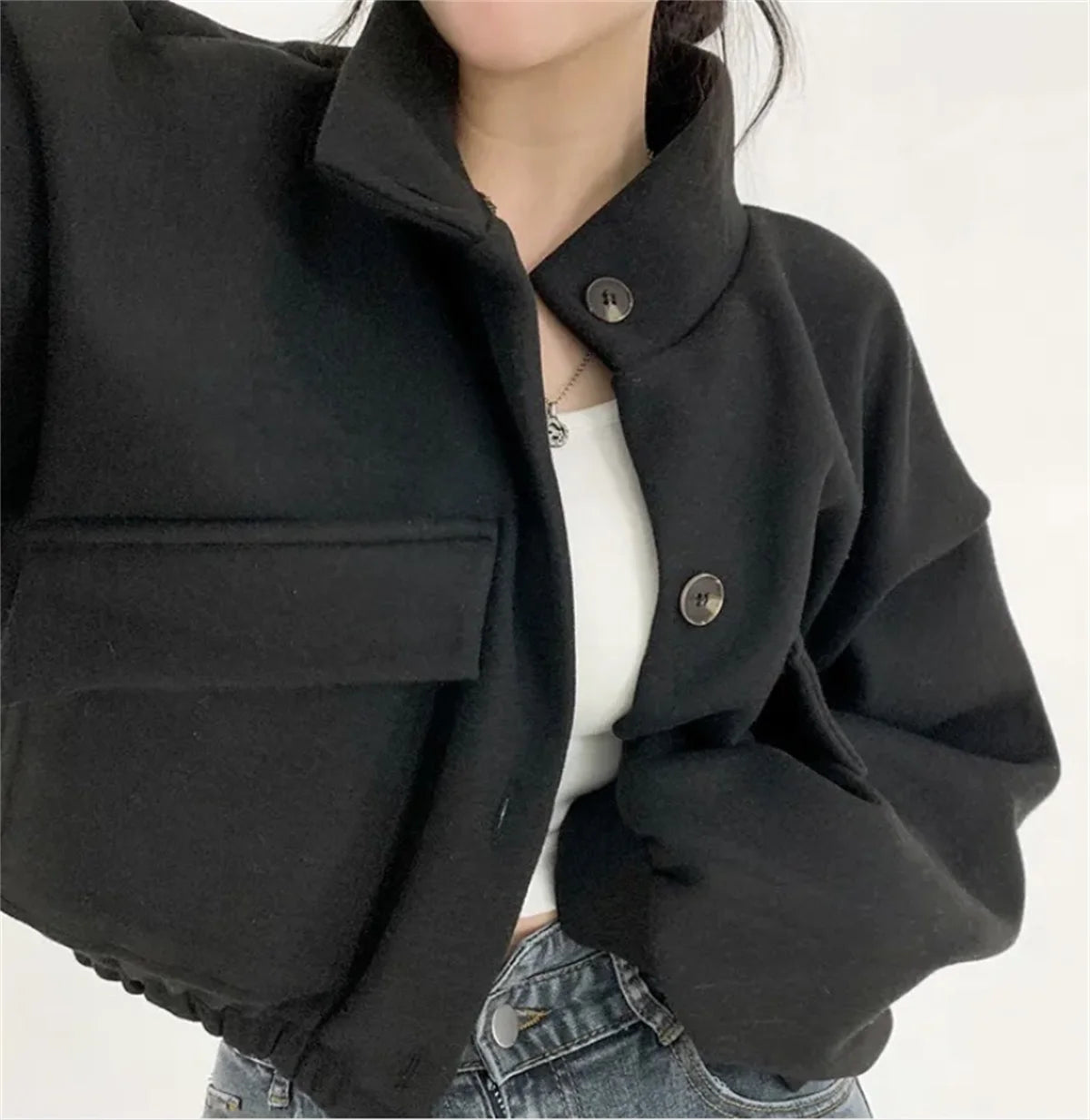Korean Fashion Herbst Winter Mantel Frauen Neue In Stehen Neck Feste Taste Lose Jacke Dame Casual Straße Outwear Vintage Kleidung.