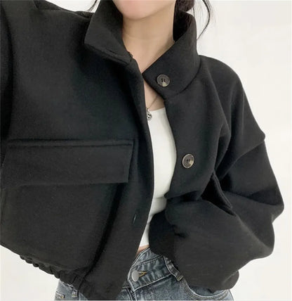 Korean Fashion Herbst Winter Mantel Frauen Neue In Stehen Neck Feste Taste Lose Jacke Dame Casual Straße Outwear Vintage Kleidung.