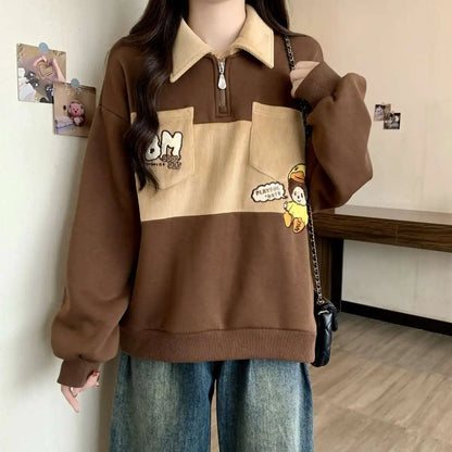 Oversized Autumn Winter Casual Printing Turn-down Collar Long Sleeve Sweatshirts Female Preppy Style Cartoon Loose T-Shirts Tops.
