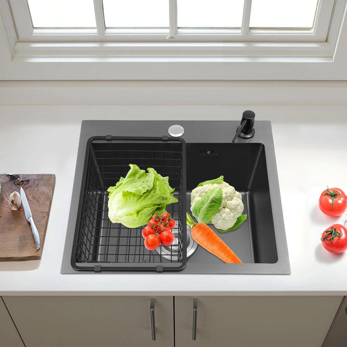 45 x 40 cm Edelstahl-Küchenspüle für Zuhause, kommerziell, großes Einzelwaschbecken mit Abflusskorb + Seifenspender + Sieb + Abflussrohr