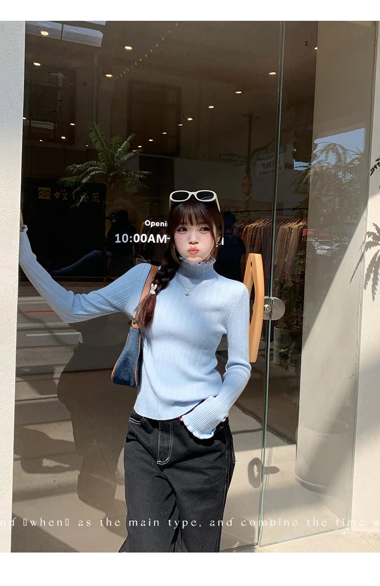 2025 Autumn Winter Women Half Turtleneck Fashion Wooden Ear Pullover Knitted Tops Long Sleeve O Neck Slim Warm Sweater Female.