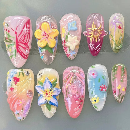24Pcs Pink Almond False Nails Butterfly Ballet with French Design Wearable Fake Nails Simple Artificial Press on Nails Tips Art.