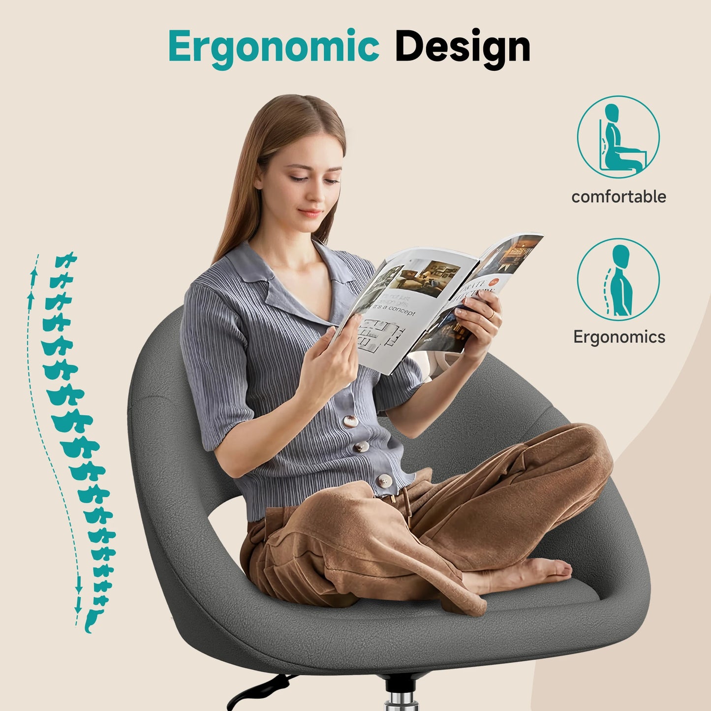 AUTHMIC Ergonomischer drehbarer Schminkstuhl mit Rückenstütze, höhenverstellbar, geräuschloser Rollen, Make-up-Schreibtischsitz für das Heimbüro