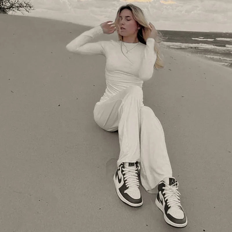 Apprabant Solid Pleated Casual Basic Trousers Set Round Neck Long Sleeve Top Fashion Sports Style High Waist Wide Leg Pants Suit