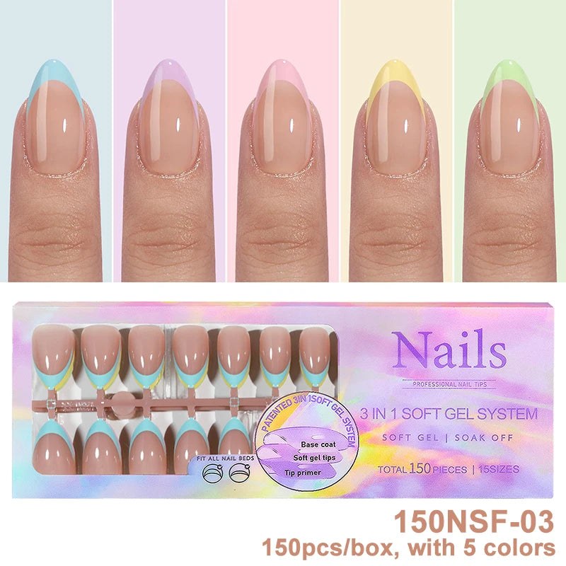 150Pcs/Box Acrylic Press on Nails Full Cover Fake False Tips Soft Gel Extension T-shaped Oval Capsule Almond Sculpted Salon DIY.