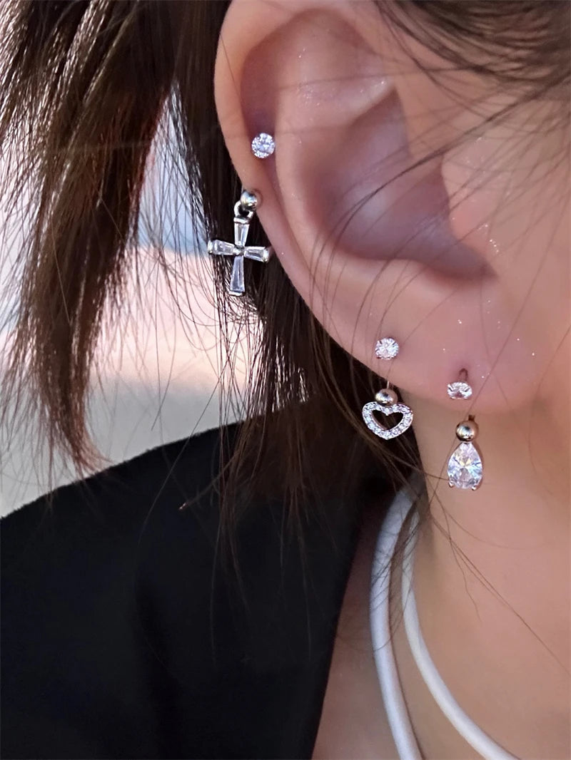 1PCS Pink Zircon Cross 316L Stainless Steel Annular Ear Bone Nail New Fashion U-shaped Earrings for Women Y2K Punk Jewelry.