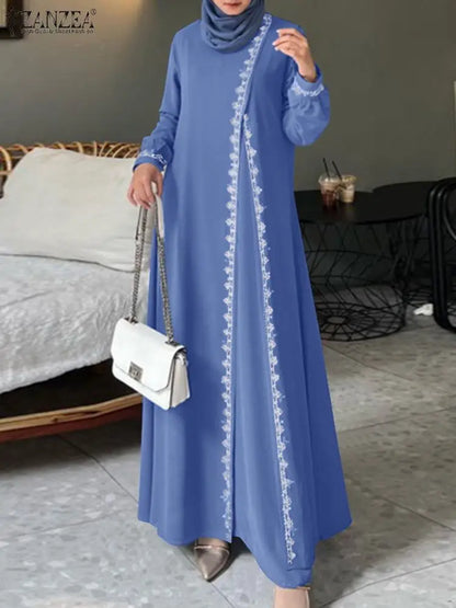 ZANZEA Autumn Women Long Sleeve O Neck Muslim Maxi Dress Kaftan Elegant Lace Crochet Loose Turkey Abaya Vestidos Islamic Dresses.
