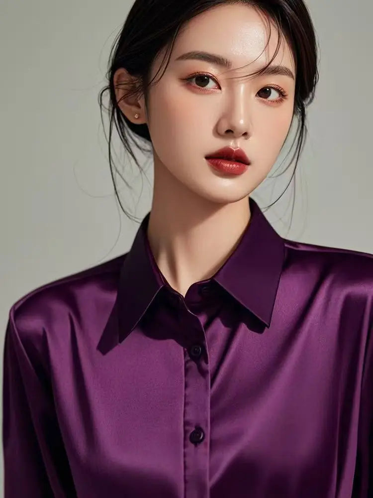 High Quality Silkly Satin Women's Shirt Office Ladies Long Sleeve Blouses Polo Neck Gold shirt Button Luxury Casual women tops.