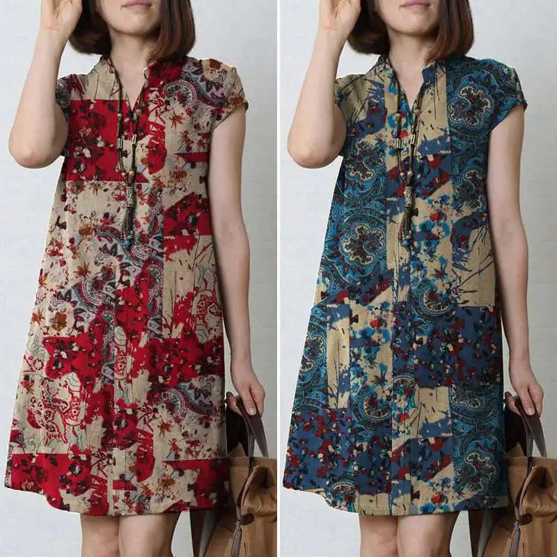 Zanzea Vintage Sommerkleid Sommer knielanges Kleid Frauen Kurzarm lässig Urlaub Kleider Bohemian Blumen gedruckt Vestidos Robe.