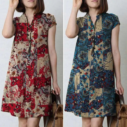 Zanzea Vintage Sommerkleid Sommer knielanges Kleid Frauen Kurzarm lässig Urlaub Kleider Bohemian Blumen gedruckt Vestidos Robe.