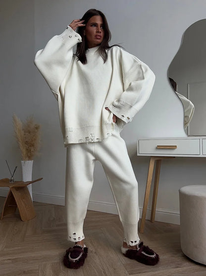 Two Piece Ripped Set Women Knit Tracksuits O Neck Long Sleeve Casual Baggy Sweatshirts+ Joggers Pants Outfits 2025 Fall Winter.