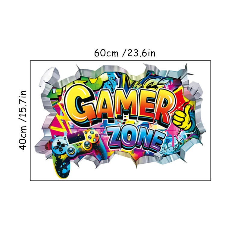 Larger Game Poster 3D Wall Hole Art Cool Gamer Zone Gamepad Vinyl Mural Stickers Home Decoration for Kids Bedroom Gaming Rooms.