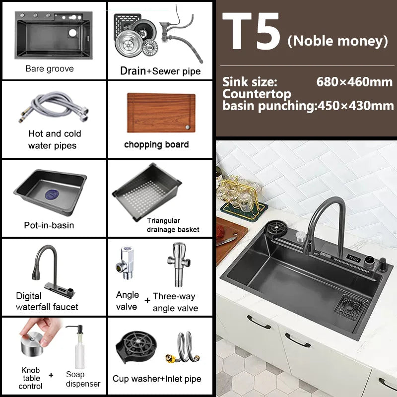 Waterfall Sink Kitchen Stainless Steel Topmount Sink Large Single Slot Wash Basin With Multifunction Touch Waterfall Faucet