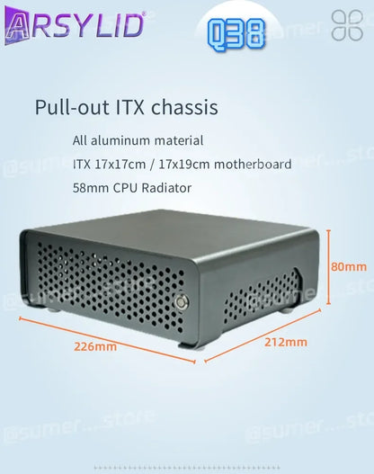 ARSYLID Q38 ITX Aluminum Chassis Pull-Out Style Mini Case 58mm CPU Radiator.
