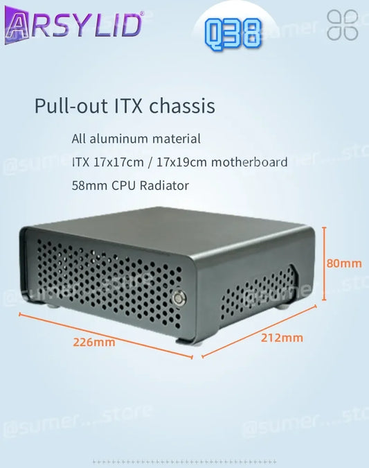 ARSYLID Q38 ITX Aluminum Chassis Pull-Out Style Mini Case 58mm CPU Radiator.