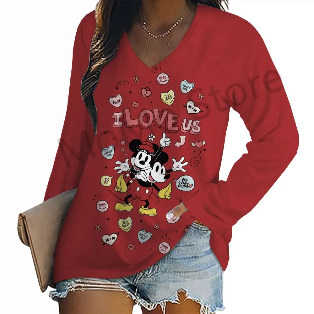 Women's Long Sleeve T-shirts Kawaii V-Neck S-3XL Mickey Lovely Disney High Quality 3D Print New Youthful Woman Clothes Minnie.
