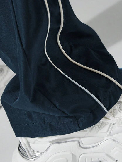 Larbulse Men Contrast Trim Trouser Fashion Casual Pants Solid Color Breathable Loose Straight Drawstring Pants Streetwear.
