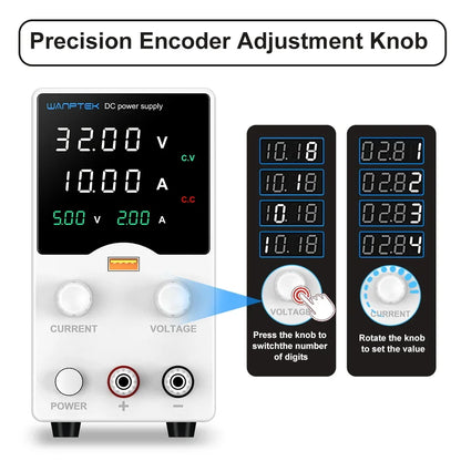 Wanptek Laboratory Power Supply 30V 5A 30V 10A 60V 5A 120V 3A Encoder Adjustment with USB Fast Charging Lab DC Power Supply.