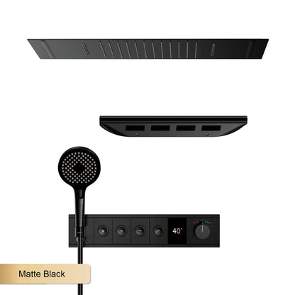 Deckenmontiertes thermostatisches LED-Digitalanzeige-Duschsystem. Eingebetteter Badmischer aus Messing im Wasserfallstil für heißes und kaltes Wasser
