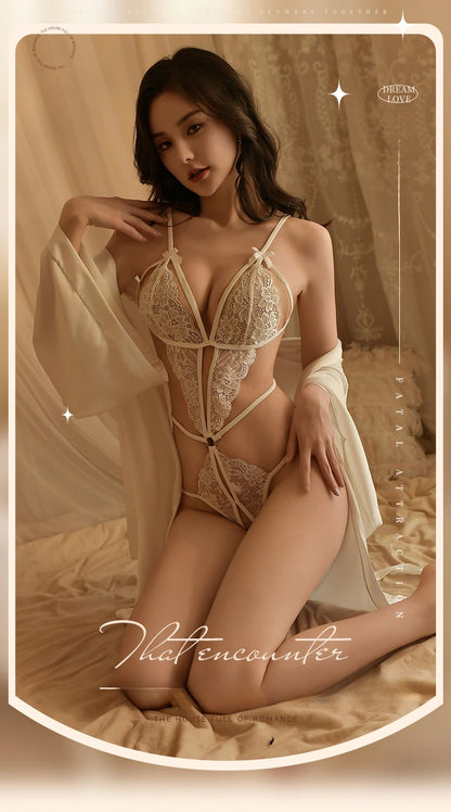 Sexy Lace Bodysuit Lace-Up Women Pajamas Erotic Hollow Out Underwear Women Passion Bodysuits Pure Desire See-Through Lingerie.