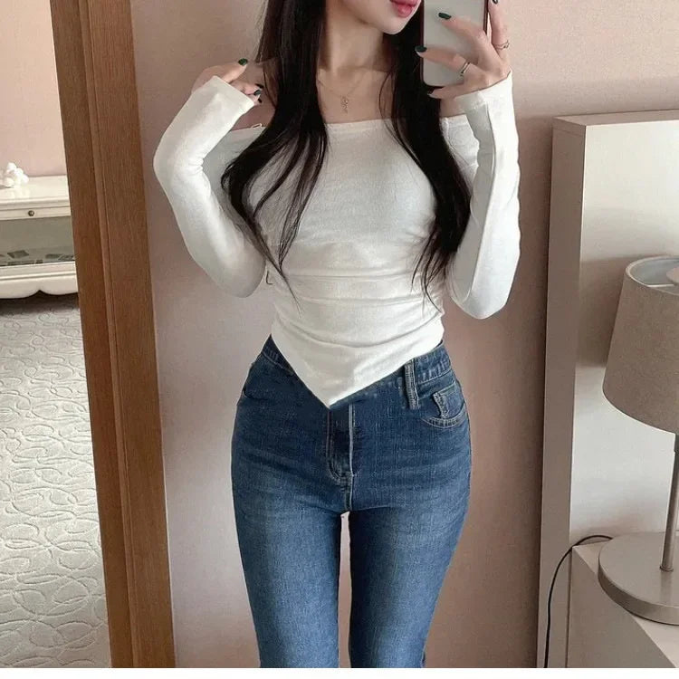 Korean Dongdaemun Fashionable Women's Clothing Off-the-shoulder Sexy Slimming Long Sleeve T-shirt Cropped Top Smooth Silhouette.