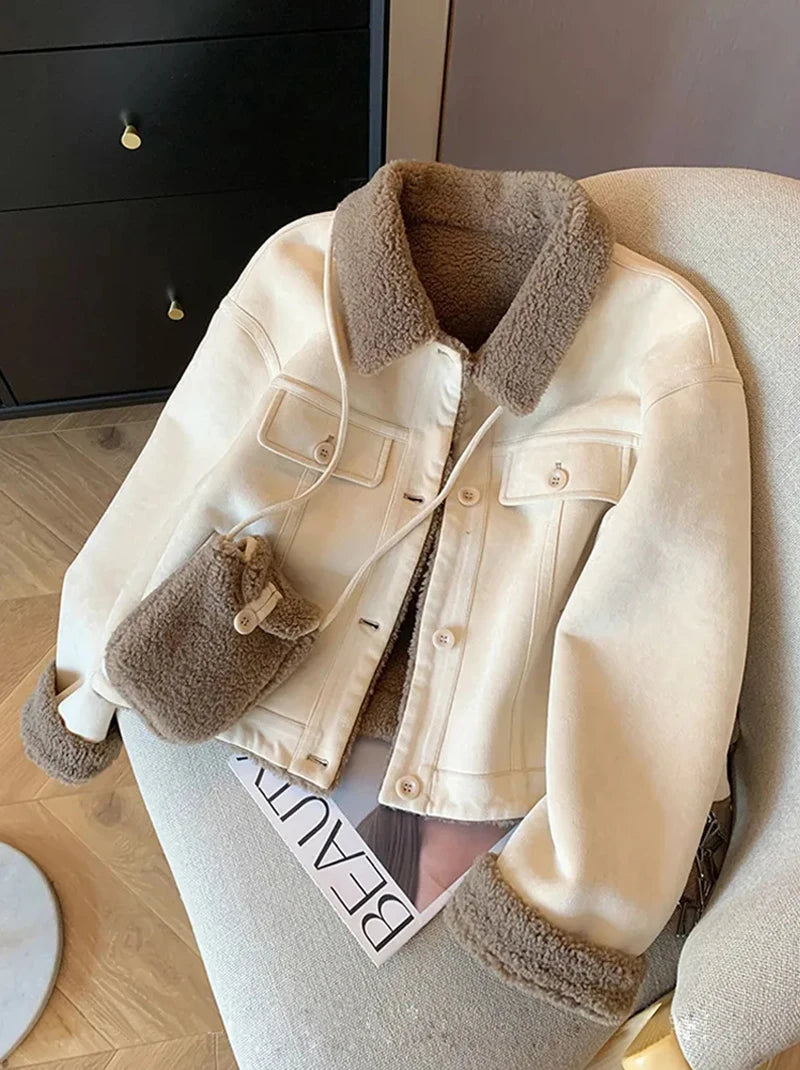 Wildleder Samt Lamm Jacke Frauen Herbst Winter Dicke Warme Turndown Kragen Mantel Y2K Lose Streetwear Alle Spiel Langarm Outwear.