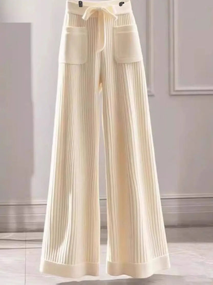 Spring  Autumn 2025 New Chic Sweater Two-Piece Women's Fashion Loose Single-Breasted Soft Waxy Knitted Top Casual Straight Pants.