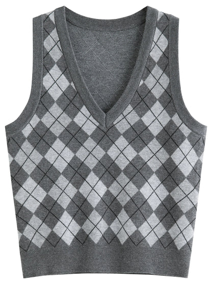 FSLE Plaid Rot Grau V-ausschnitt Gestrickte Weste Top für Frauen 2025, Herbst Neue Ankunft Retro College Stil Oberbekleidung Weste 25FS13248.